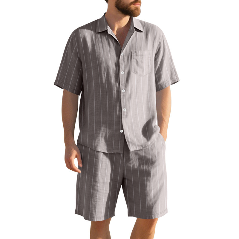 Linen Shorts Men - Letni lniany garnitur męski w paski