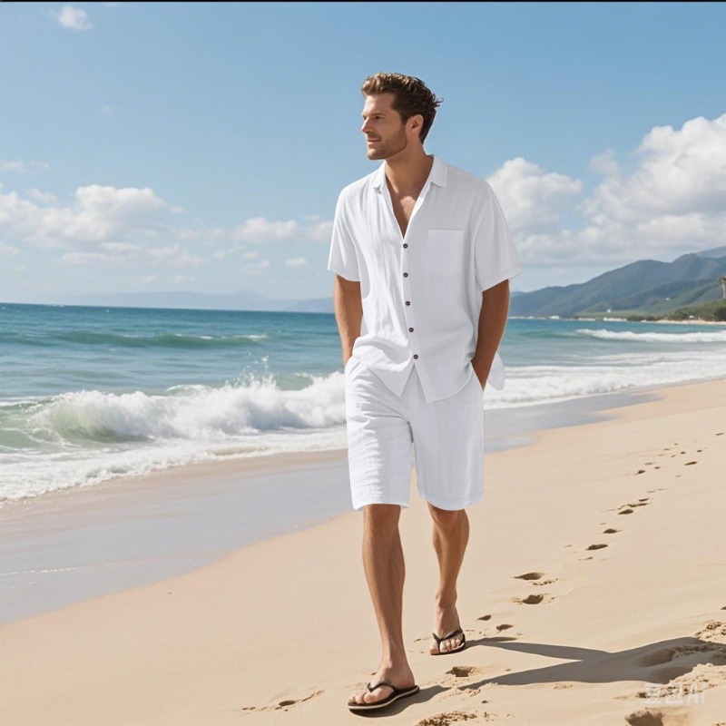 Linen Shorts Men - Męski zestaw: lniana koszula z kołnierzykiem