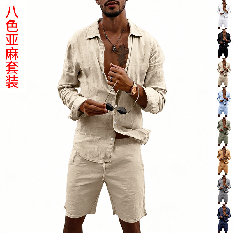 Linen Shorts Men - Letni męski lniany, luźny zestaw: koszula