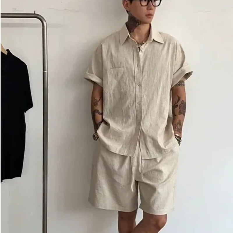 Linen Shorts Men - Męski lniano-bawełniany zestaw dwuczęściowy: luźna koszula