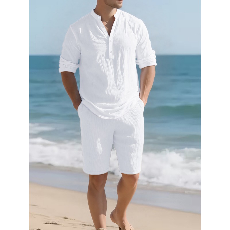 Linen Shorts Men - Męski biały dwuczęściowy zestaw z mieszanki
