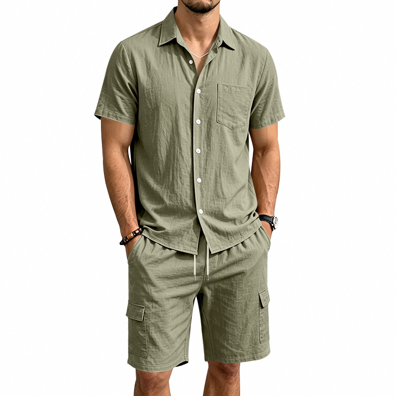 Linen Shorts Men - Męski letni lniany dwuczęściowy zestaw: koszula