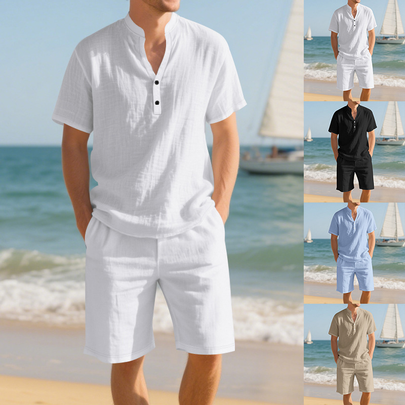 Linen Shorts Men - Letni luźny lniany męski zestaw: koszula